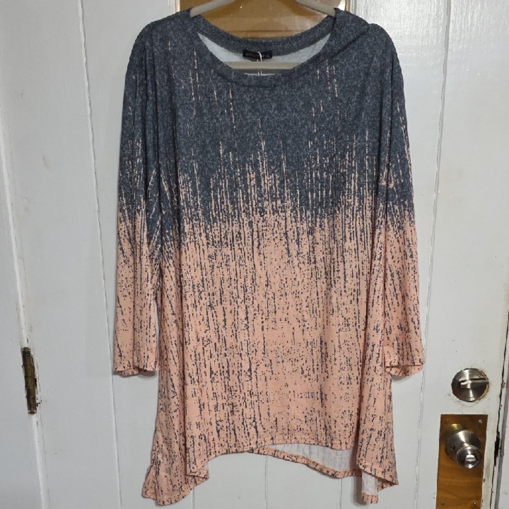 NWT Ofeefan Women's Blouse Longsleeve‎ Gray/Peach Stretch Comfort Angled Hem 4XL